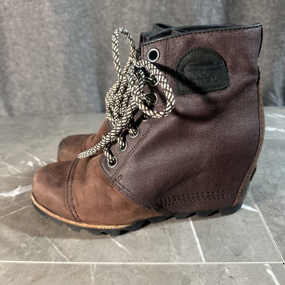 Sorel PDX Wedge Joan Arctic Brown Leather & Canvas Boots Women’s Size 8 B16 - Picture 4 of 11